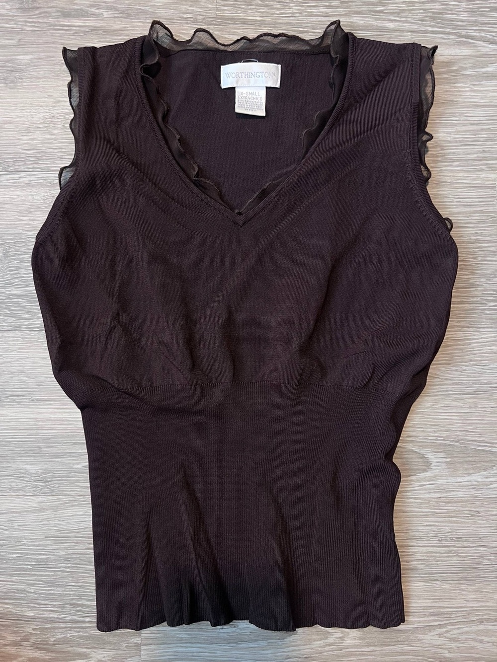 Y2K Brown Ruffle-Trim Sleeveless V-Neck Tank